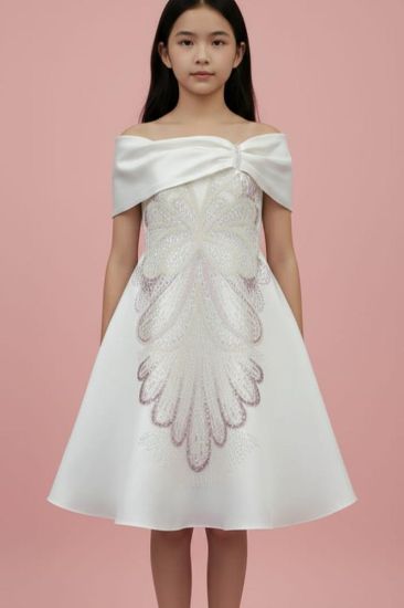 صورة فستان سهرة بيج وتطريز ملكي فاخر